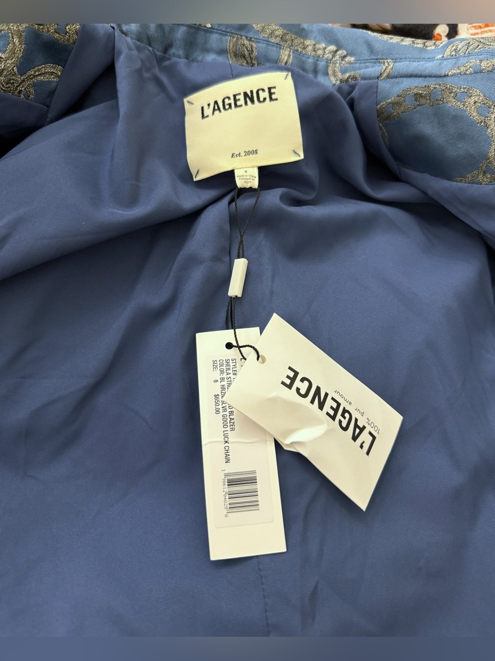 NWT L'AGENCE  Sheila Longline Jacquard Blue Silver Good Luck Chain Blazer Sz 8 - Picture 12 of 16
